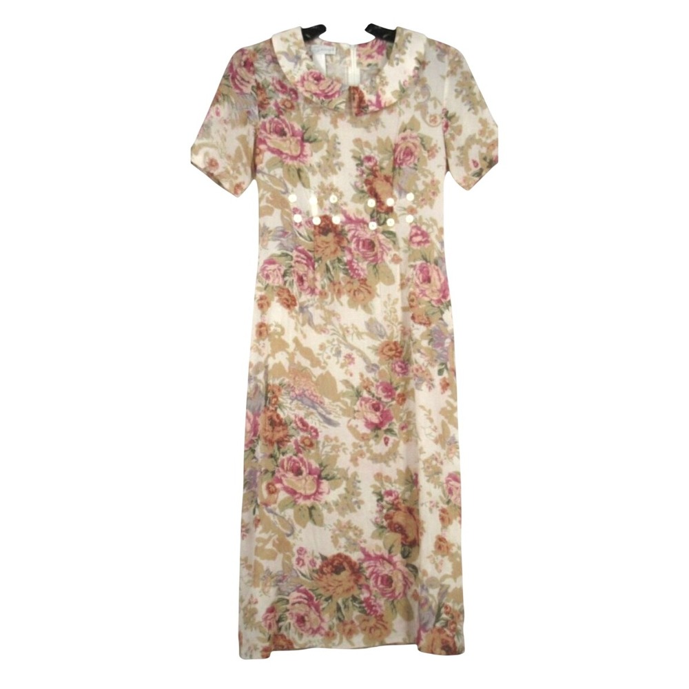 VTG ST SIMON Beige/Multi THIN TWILL Floral Print PLEATED Buttons SHEATH DRESS 6